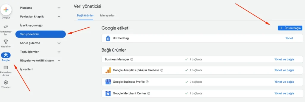 Google Ads veri yöneticisi ekranında Google İşletme Profilinin Ads hesabına bağlanma adımlarını gösteren ekran görüntüsü.