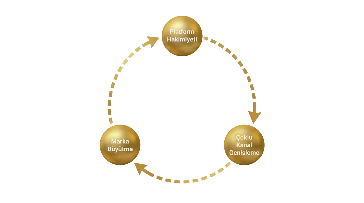 Platform hakimiyeti, çoklu kanal genişleme ve marka büyütme aşamalarını gösteren e-ticaret büyüme modeli.
